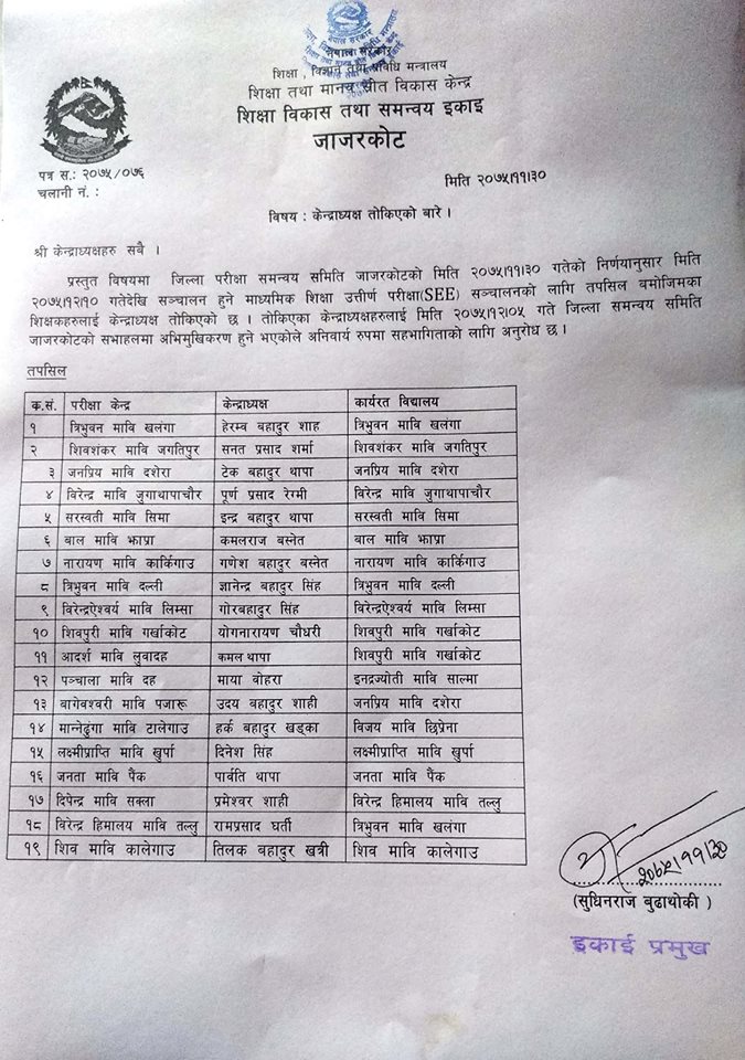 माध्यमिक शिक्षा परीक्षाको केन्द्र र केन्द्राध्यक्ष तोकियो